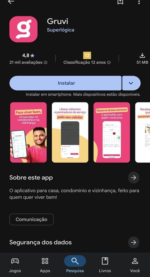Tela do Gruvi na Google Play Store